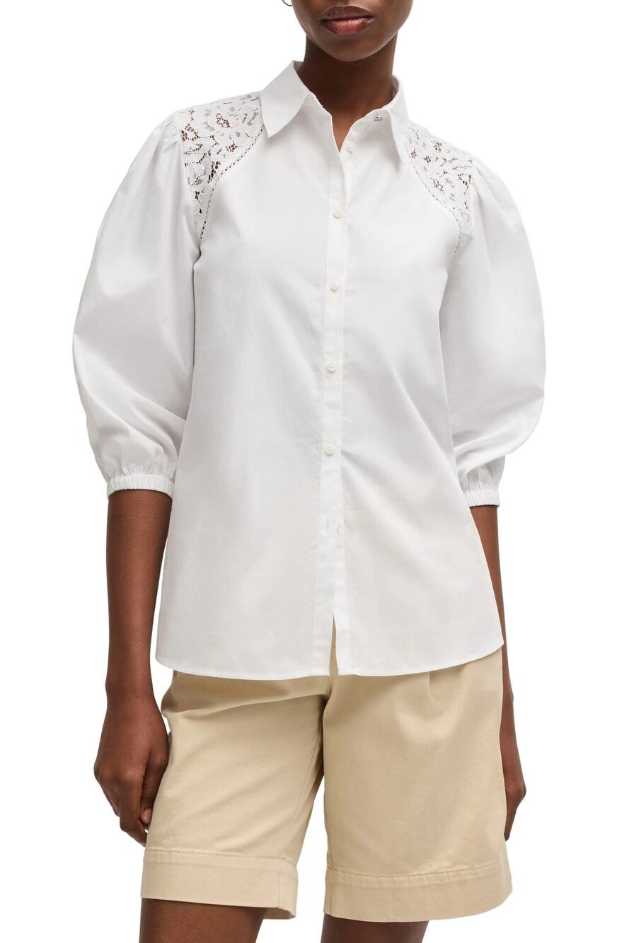 Hugo BOSS Orange Brenda Cotton 3/4-Sleeve Button-Up Top in White